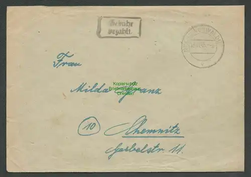 B6261 Brief SBZ Gebühr bezahlt 1945 Geringswalde nach Chemnitz