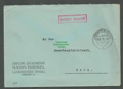 B5800 Gebühr bezahlt 1945 Brief Lobenstein an Gewerbeaufsichtsamt Gera