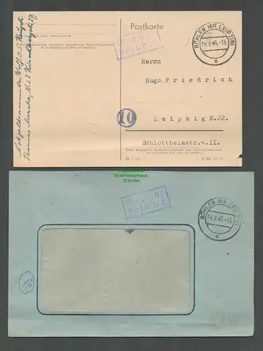 B5732 Gebühr bezahlt 1945 Brief + Karte Böhlen Kr. Leipzig