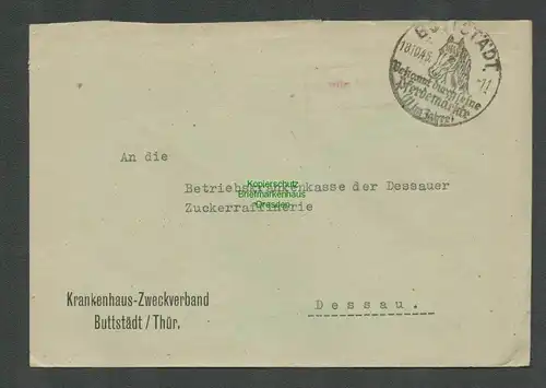 B5707 Gebühr bezahlt 1945 Brief Buttstädt Krankenhaus Zweckveband Pferdemarkt