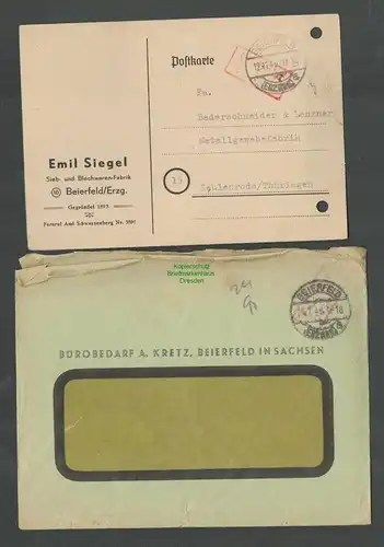 B5721 Gebühr bezahlt 1945 Brief Postkarte Beierfeld Erzgeb. Sieb- und Blechwaren