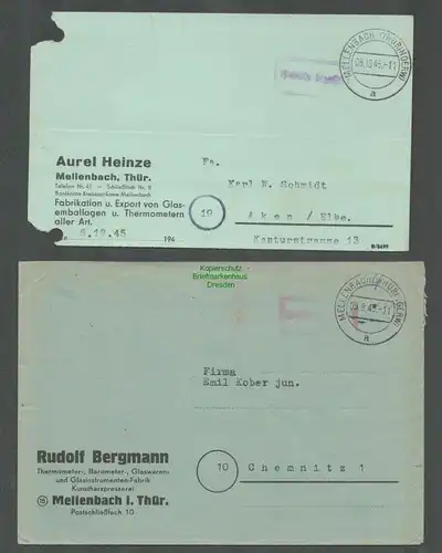 B5802 Gebühr bezahlt 1945 Brief Postkarte Mellenbach Glasemballagen Thermometer