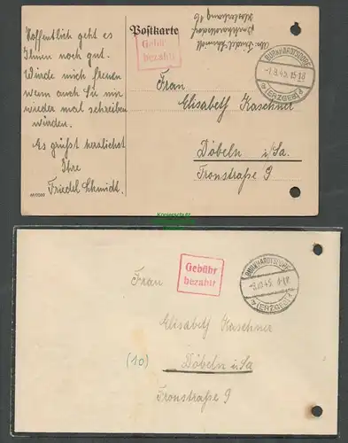 B5708 Gebühr bezahlt 1945 Brief + Postkarte Burkhardtsdorf Erzgeb.