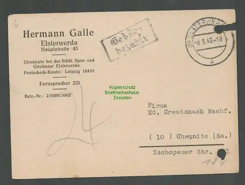 B5743 Gebühr bezahlt 1946 Postkarte Elsterwerda Firma Hermann Galle