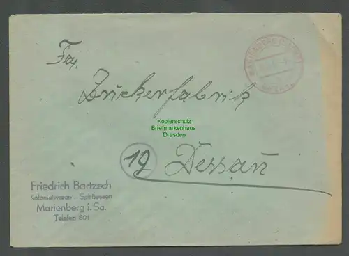 B5808 Gebühr bezahlt 1945 Brief Marienberg Kolonialwaren an Zuckerfabrik Dessau