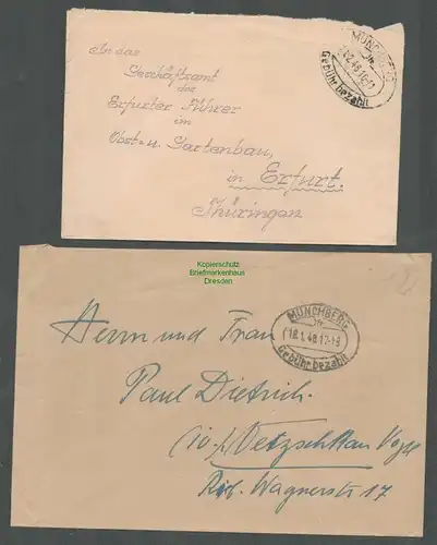 B5805 Gebühr bezahlt 1945 2x Brief Münchberg Kr. Hof Bayern Oberfranken