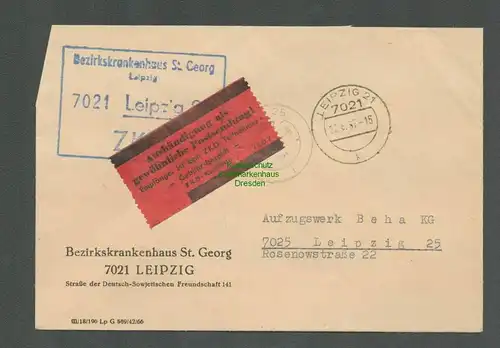 B5251 DDR ZKD Brief 1967 Bezirkskrankenhaus St. Georg Leipzig Aushändigung als g