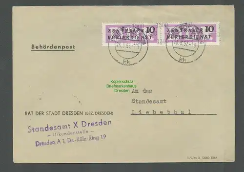 B5186 DDR ZKD 2x B 10 Brief Standesamt Dresden nach Liebethal 1957