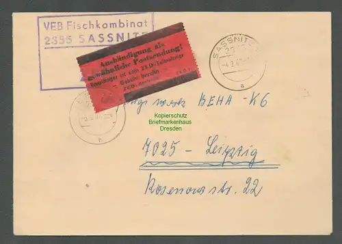 B5257 DDR ZKD Brief 1967 VEB Fischkombinat Sassnitz n. Leipzig Aushändigung als