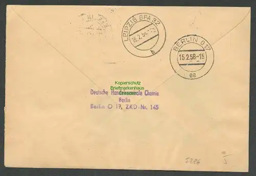 B5286 DDR ZKD 2x B 16 Brief Berlin O17 Deutsche Handelszentrale Chemie 1958