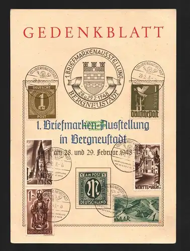 B4635 BAZ Gedenkblatt Bergneustadt 1948 Briefmarkenausstellung