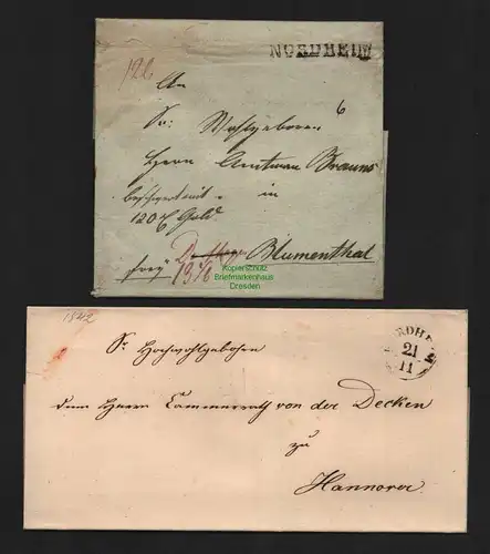 B4641 2 Faltbriefe Nordheim nach Blumenthal Hannover 1842