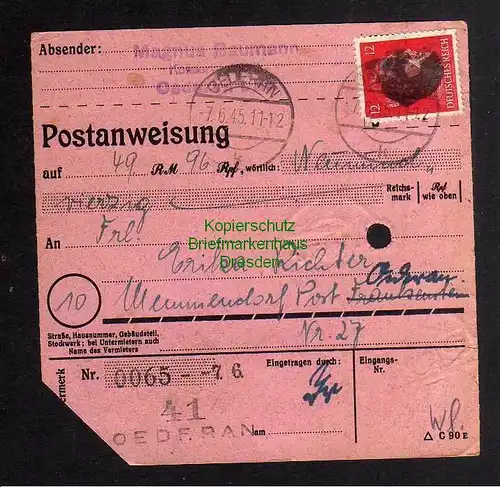 B3039 Sächsische Schwärzung 1945 Postanweisung Oederan 7.6.45