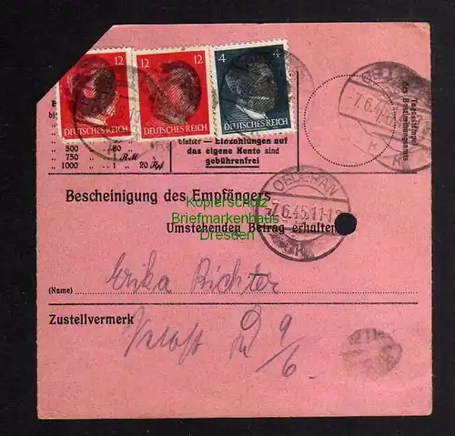 B3039 Sächsische Schwärzung 1945 Postanweisung Oederan 7.6.45