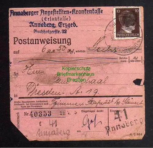 B3024 Sächsische Schwärzung 1945 Postanweisung 41 Annaberg - Dresden