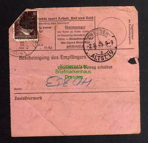 B3024 Sächsische Schwärzung 1945 Postanweisung 41 Annaberg - Dresden