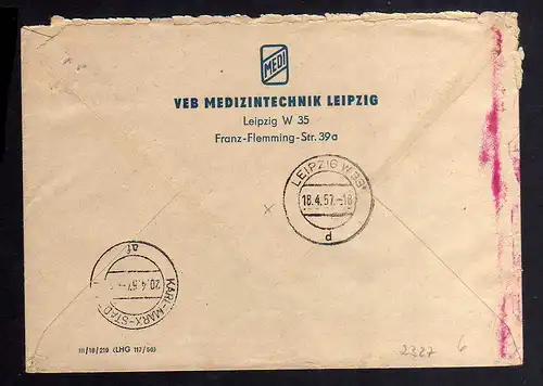 B2327 DDR ZKD 8 Brief VEB Medizintechnik Leipzig nach Karl-Marx-Stadt 1957