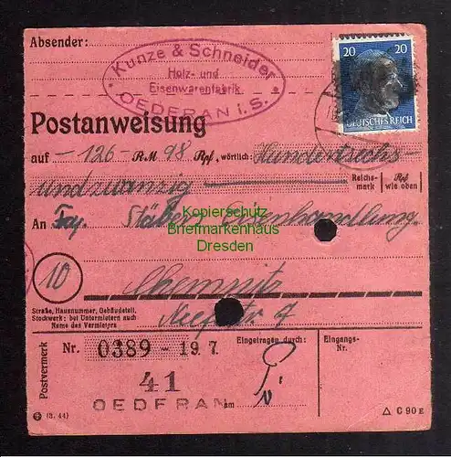 B2863 Sächsische Schwärzung 1945 Postanweisung 41 Oederan - Chemnitz 19.7.45