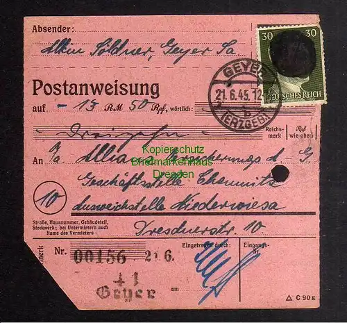 B2833 Sächsische Schwärzung 1945 Postanweisung 41 Geyer - Niederwiesa 21.6.45