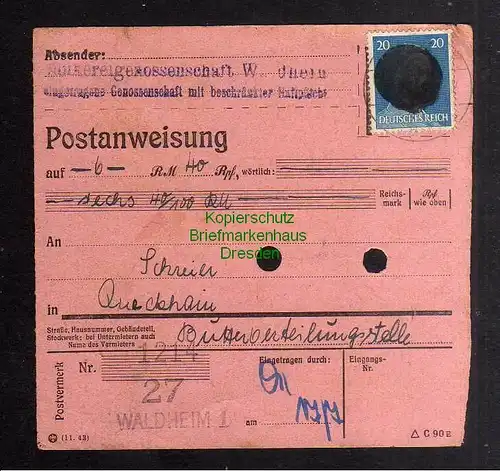 B3021 Sächsische Schwärzung 1945 Postanweisung 27 Waldheim 17.7. Queckhain