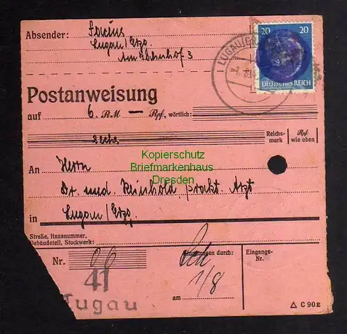 B2960 Sächsische Schwärzung 1945 Postanweisung 41 Lugau 1.8.45
