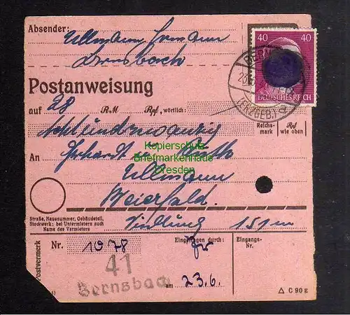 B2983 Sächsische Schwärzung 1945 Postanweisung 41 Bernsbach 23.6. Beierfeld