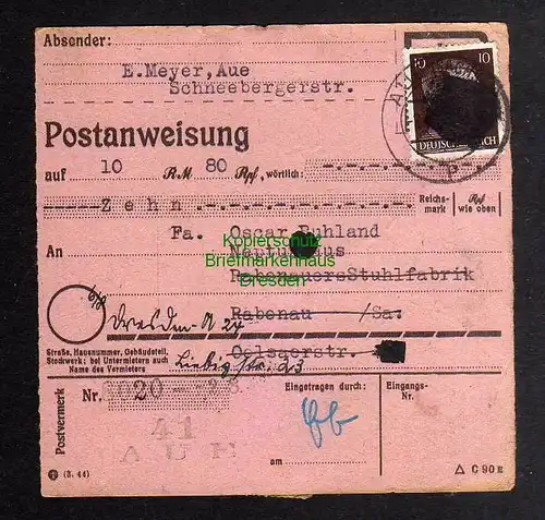 B2976 Sächsische Schwärzung 1945 Postanweisung 41 Aue 2.8. Rabenau Weiterleitung
