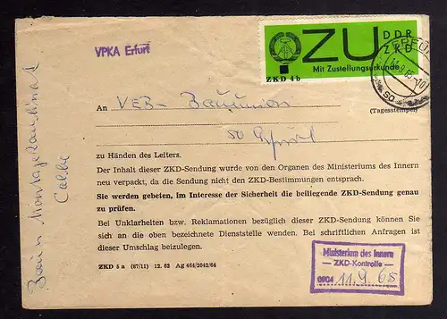 B2681 Brief ZKD 5a mit Marke ZKD 4b 1965 ZU neu verpacht Ministerium des Innern