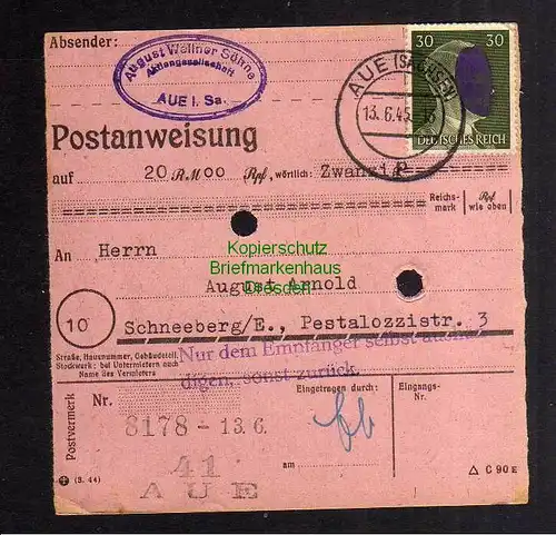 B2810 Sächsische Schwärzung 1945 Postanweisung 41 Aue - Schneeberg AP 794