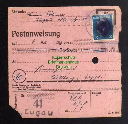 B2959 Sächsische Schwärzung 1945 Postanweisung 41 Lugau - Finanzamt Stollberg