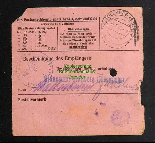 B2959 Sächsische Schwärzung 1945 Postanweisung 41 Lugau - Finanzamt Stollberg