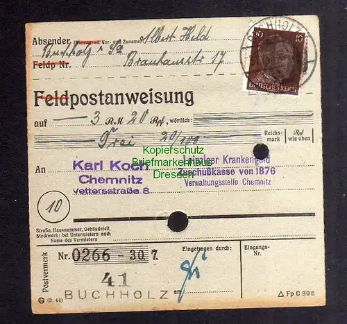 B2820 Sächsische Schwärzung 1945 Postanweisung 41 Buchholz 30.7.45 nach Chemnitz