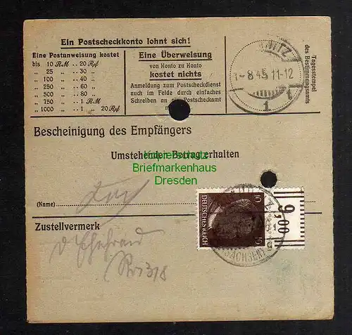 B2820 Sächsische Schwärzung 1945 Postanweisung 41 Buchholz 30.7.45 nach Chemnitz