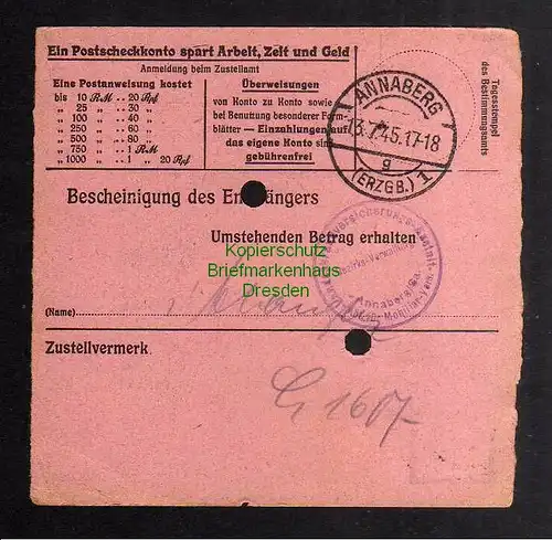 B2823 Sächsische Schwärzung 1945 Postanweisung 41 Ehrenfriedersdorf - Annaberg