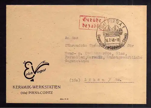 B1954 Brief SBZ Gebühr bezahlt 1948 Währungsreform Pirna Keramik Werkstätten Cop