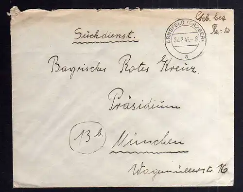 B2005 Brief SBZ Gebühr bezahlt 1948 Arnsfeld Erzgebirge Bayr. Rotes Kreuz Suchka