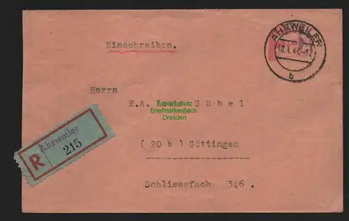 B10512 Brief BAZ Gebühr bezahlt 1947 Ahrweiler Einschreiben nach Göttingen