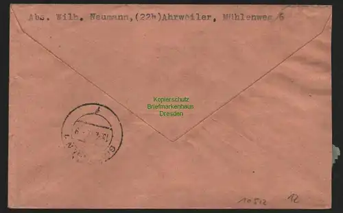 B10512 Brief BAZ Gebühr bezahlt 1947 Ahrweiler Einschreiben nach Göttingen