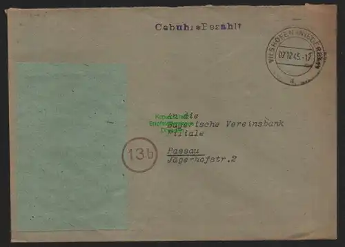 B10563 Brief BAZ Gebühr bezahlt 1945 Vilshoven Niederrhein nach Passau