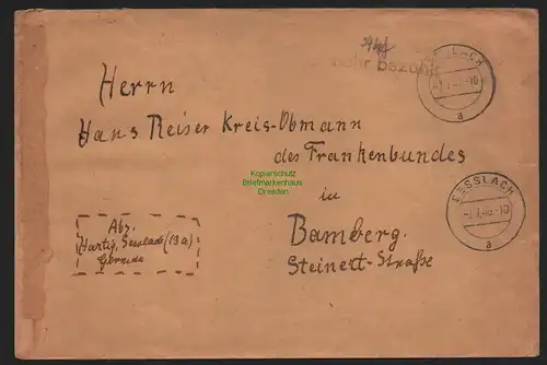 B10551 Brief BAZ Gebühr bezahlt 1946 Sesslach nach Bamberg