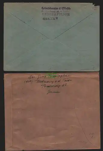 B10544 2x Brief BAZ Gebühr bezahlt 1946 Rothenburg ob der Tauber n Augsburg Bonn