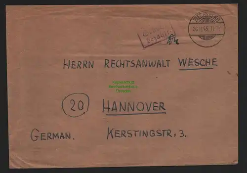 B10537 Brief BAZ Gebühr bezahlt 1945 Zierenbergnach Hannover