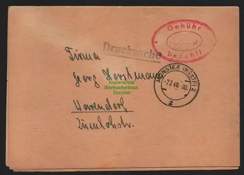 B10517 Faltbrief Drucksache BAZ Gebühr bezahlt 1948 Währungsreform