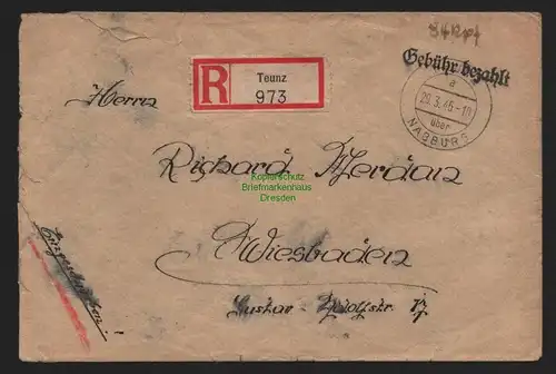 B10558 Brief BAZ Gebühr bezahlt 1946 Teunz über Nabburg Einschreiben n Wiesbaden