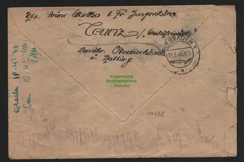 B10558 Brief BAZ Gebühr bezahlt 1946 Teunz über Nabburg Einschreiben n Wiesbaden