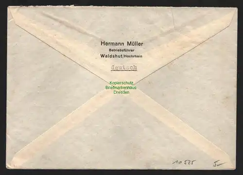 B10525 Brief BAZ Gebühr bezahlt 1945 Waldshut nach Freiburg i. Br.