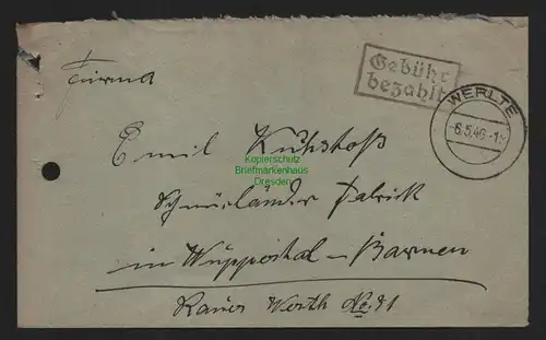 B10528 Brief BAZ Gebühr bezahlt 1946 Werlte nach Wuppertal Barmen