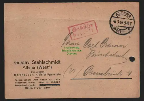 B10579 Postkarte BAZ Gebühr bezahlt 1946 Altena Westf. Nach Osnabrück