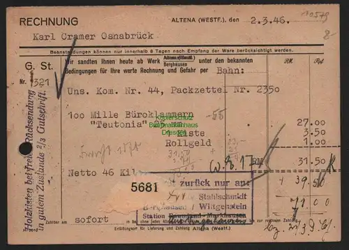 B10579 Postkarte BAZ Gebühr bezahlt 1946 Altena Westf. Nach Osnabrück