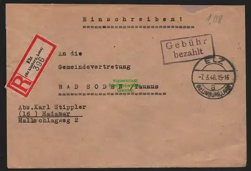 B10593 Brief BAZ Gebühr bezahlt 1946 Einschreiben Elz Kr. Limburg Lahn Bad Soden